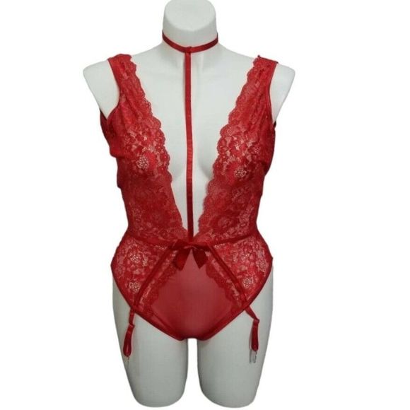Shirley of Hollywood Red Lace Teddy XL Deep V Gartered Bodysuit Lingerie Collar - Picture 2 of 8